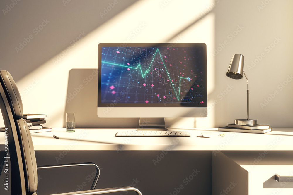 Poster creative abstract heart pulse hologram on modern computer monitor, online medical consulting concept
