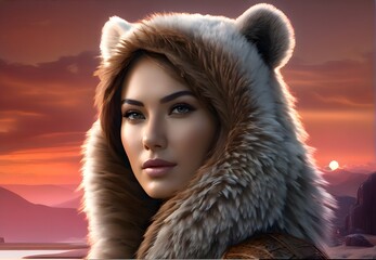 A sexy-eyed woman in a bearskin hat with sharp sexy eyes against a background of sunset on the horizon