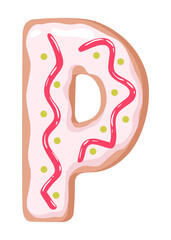 Cartoon cookies font. letter baking in colored glaze. Creative gingerbread typography design. Childhood sweet donut. Letter P