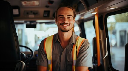 Smiling portrait of a young male bus driver - obrazy, fototapety, plakaty