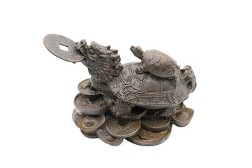Dragon turtle with baby turle holding coin in its mouth isolated on white background signifying prosperity and good fortune.