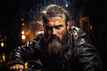 Obraz premium portrait of brutal bearded man motorcyclist biker in a leather jacket on a motorcycle at night in the rain