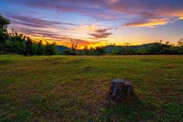 Twilight sunset over the mountain. overcast clouds in the sky , glowing in sunlight, grass field with tree stump in foreground. Landscape nature view scene. 