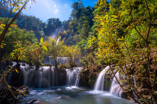 Tee Lor Su waterfall in the north of Thailand with long exposure shot with sun ray or beam, this waterfall locate in rain forest.