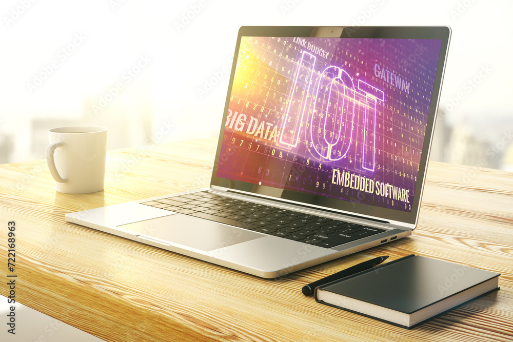 Poster creative iot concept on modern laptop screen. 3d rendering