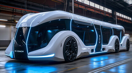 Futuristic electric bus in the shape of a sports car, letters on the side. Unusual shapes, Unusual designs, and Modern technologies.