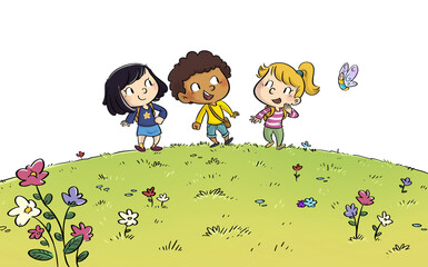 Children friends walking in the field in spring - 722169196