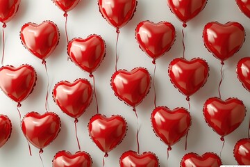 Overhead shot of heart balloons forming a pattern on a white background with a copyspace