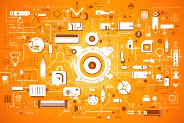 Fototapeta na wymiar Orange abstract technology background using tech devices and icons