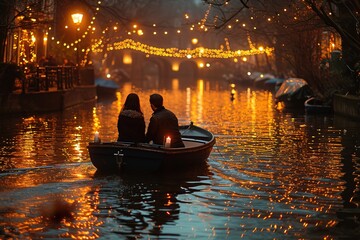 Romantic candlelit boat ride with a couple surrounded by reflections