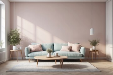 Scandinavian style interior with sofa and coffe table. Empty wall mock up in minimalist interior with pastel color