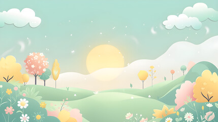 A cute morning landscape with soft pastel colors and green as the main focus.