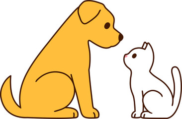 Cartoon cat and dog sitting facing each other, simple drawing. Golden labrador and white kitty. Cute clip art illustration.