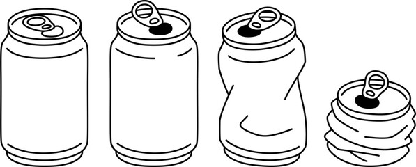 Crushed aluminum can outline drawing set. Simple black and white line art illustration, hand drawn doodle. - obrazy, fototapety, plakaty