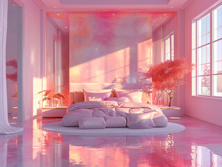 3d rendering of bedroom in modern neon bedroom house with pink curtains and sunlight
