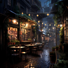 A cozy coffee shop in a rainy alley. 