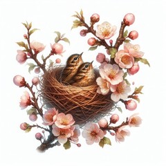 Lovely illustration of a bird's nest on a flowering branch
 - obrazy, fototapety, plakaty