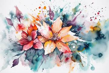 Obraz na płótnie Canvas Nature concept. Colorful flowers in watercolor drawing style and white background with copy space