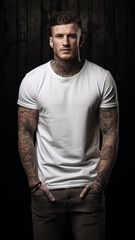 Mockup of a man with tattoos wearing a white T-shirt, vertical image