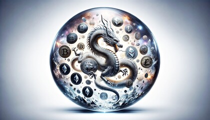 Cryptocurrency Sphere with Dragon and Coins : Artistic representation of a dragon intertwined with various cryptocurrency coins inside a transparent bubble, symbolizing market volatility.