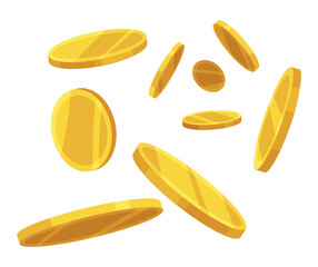 Cartoon money, coins icon. Cash fly. Keeping money in bank. Gold coin wealth, accumulation and inheritance. Flat money illustration. Objects isolated on white background