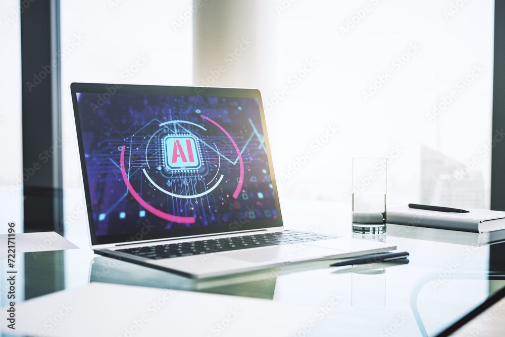 Poster Computer monitor with creative artificial Intelligence abbreviation. Future technology and AI concept. 3D Rendering