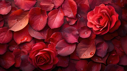 top view image of intricate red rose petals, creating visually stunning composition. Perfect for romantic occasions, valentines, weddings, and more. Explore the beauty of love in every detail. - obrazy, fototapety, plakaty