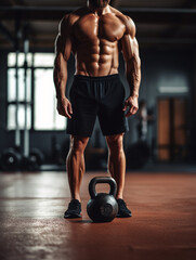 A man using a kettlebell for fitness training in a gym, vertical image