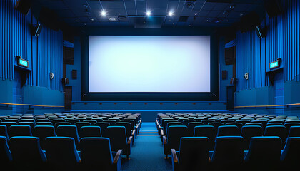 Empty of cinema in blue color with white blank screen