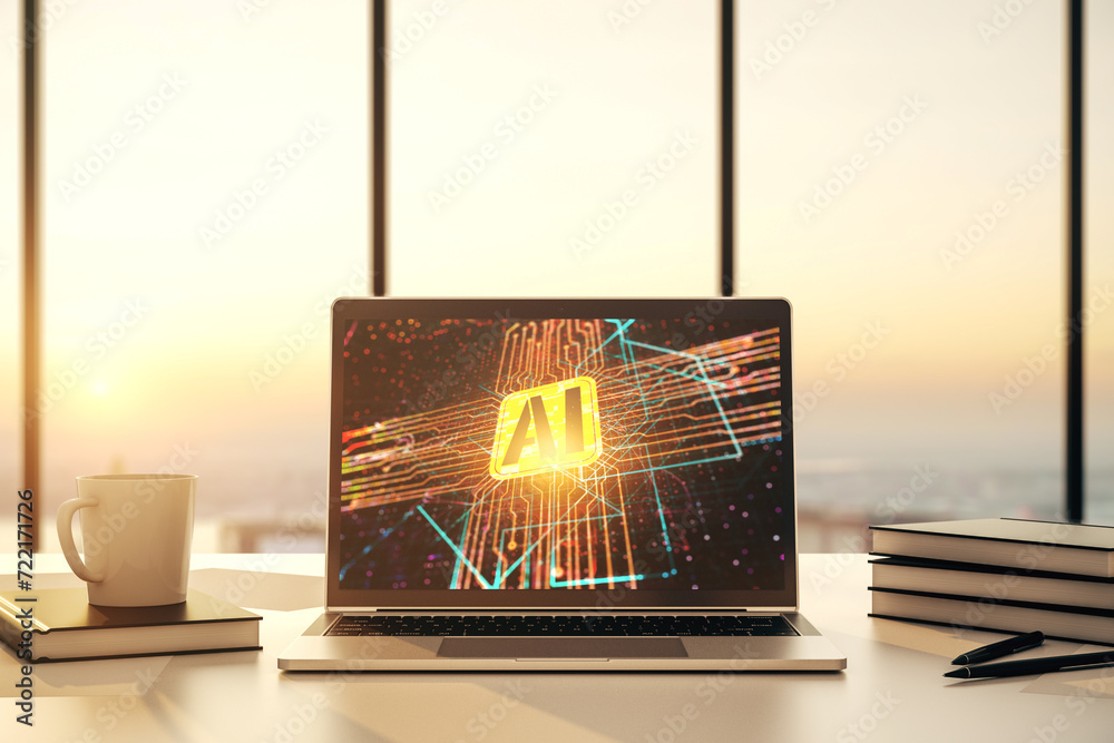 Poster Modern computer monitor with creative artificial Intelligence icon. Neural networks and machine learning concept. 3D Rendering