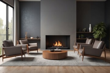 Brown leather chair and grey sofa in room with fireplace. Mid century style home interior design of modern living room - obrazy, fototapety, plakaty