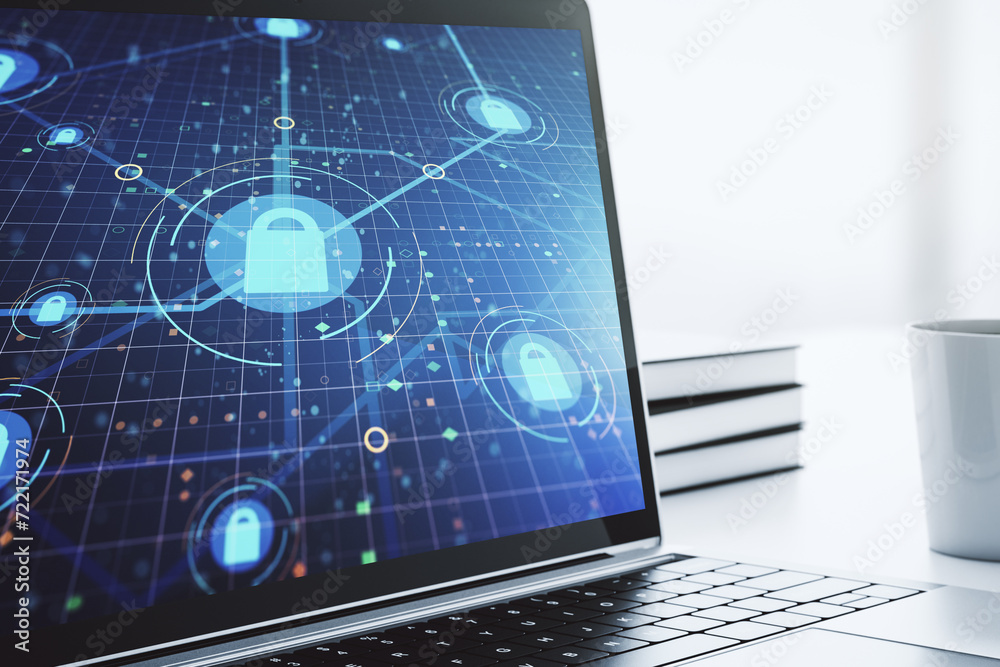 Poster Computer monitor with creative light lock illustration and microcircuit, cyber security concept. 3D Rendering