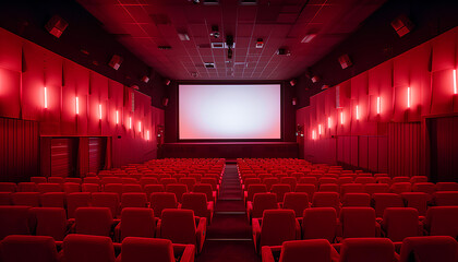 Fototapeta premium Empty of cinema in red color with white blank screen