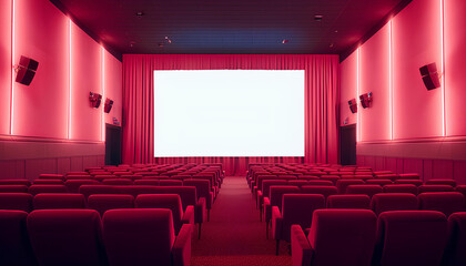 Fototapeta premium Empty of cinema in red color with white blank screen