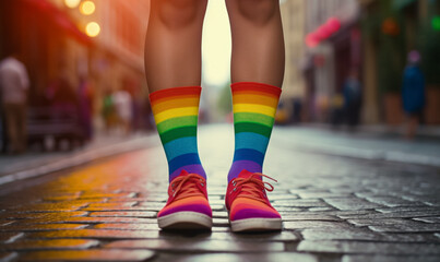 Rainbow-colored socks, symbolizing lesbian pride, gender equality, and LGBT themes
