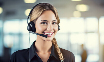 A confident young and beautiful female customer service representative smiling at the camera, in a customer service center or support center setting