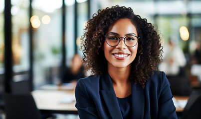 A smiling black woman confidently looking at the camera in an office setting, conveying gender and racial equality - obrazy, fototapety, plakaty