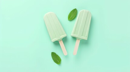 Frozen juice with mint ice cream flavor on a stick. decorated with a leaf of fresh lemon balm. Cold summer dessert on a plain background. Banner, copy space
