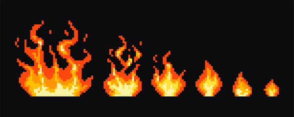 Stages of pixel fire extinction. Gaming pixel fire, explosion, flames. Steps of pixel flame extinguishing. © diluck