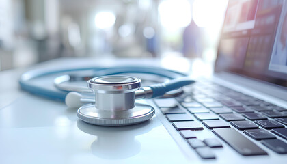 medical stethoscope on laptop keyboard on blurred doctor and white hospital background