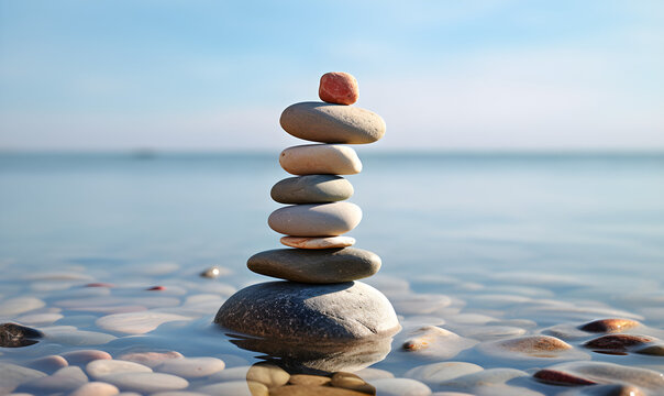 A close-up of stacked stones by the lake, depicting a Zen and yoga concept