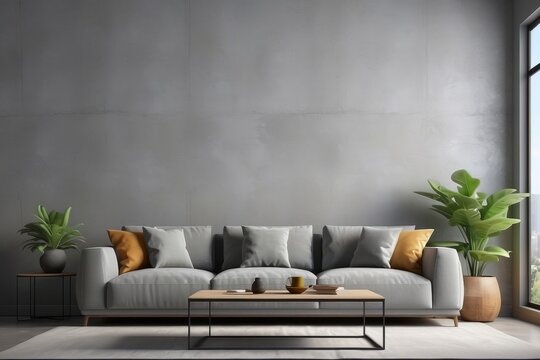 interior design of living room with empty concrete wall background, army pillow, gray sofa