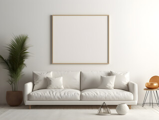 Mockup of a blank poster frame in a cozy living room environment, 3D rendering