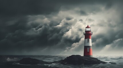 A minimalist representation of a lighthouse standing tall against a stormy sky.