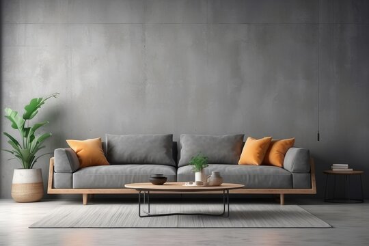 interior design of living room with empty concrete wall background, army pillow, gray sofa