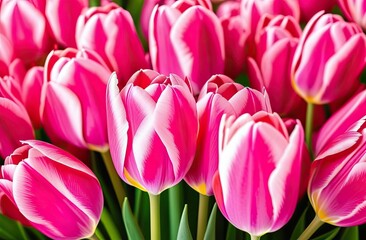 Fototapeta premium A large number of pink tulips with a white border, a close-up with a blurred background, without stems and leaves banner