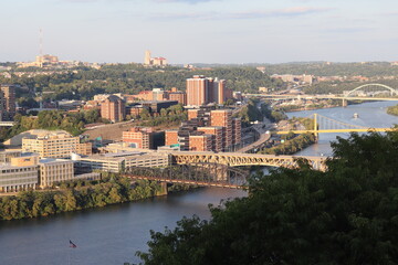 Panoramic view of the bridge and river in the downtown city of Pittsburgh, Pennsylvania —aerial,...