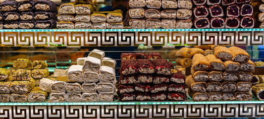 An assortment of Turkish delight on display in the bazaar