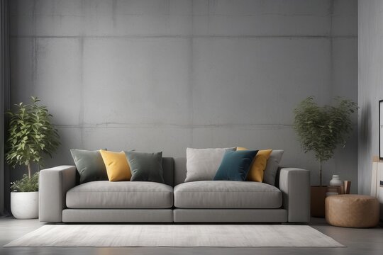 interior design of living room with empty concrete wall background, army pillow, gray sofa