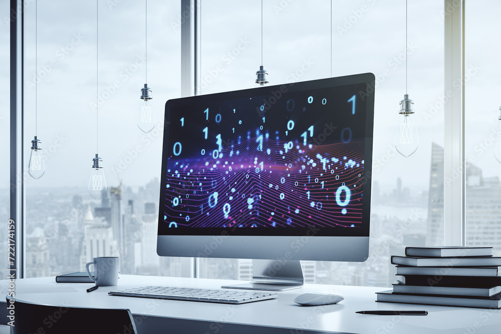 Aufkleber Creative concept of binary code illustration on modern laptop screen. Big data and coding concept. 3D Rendering